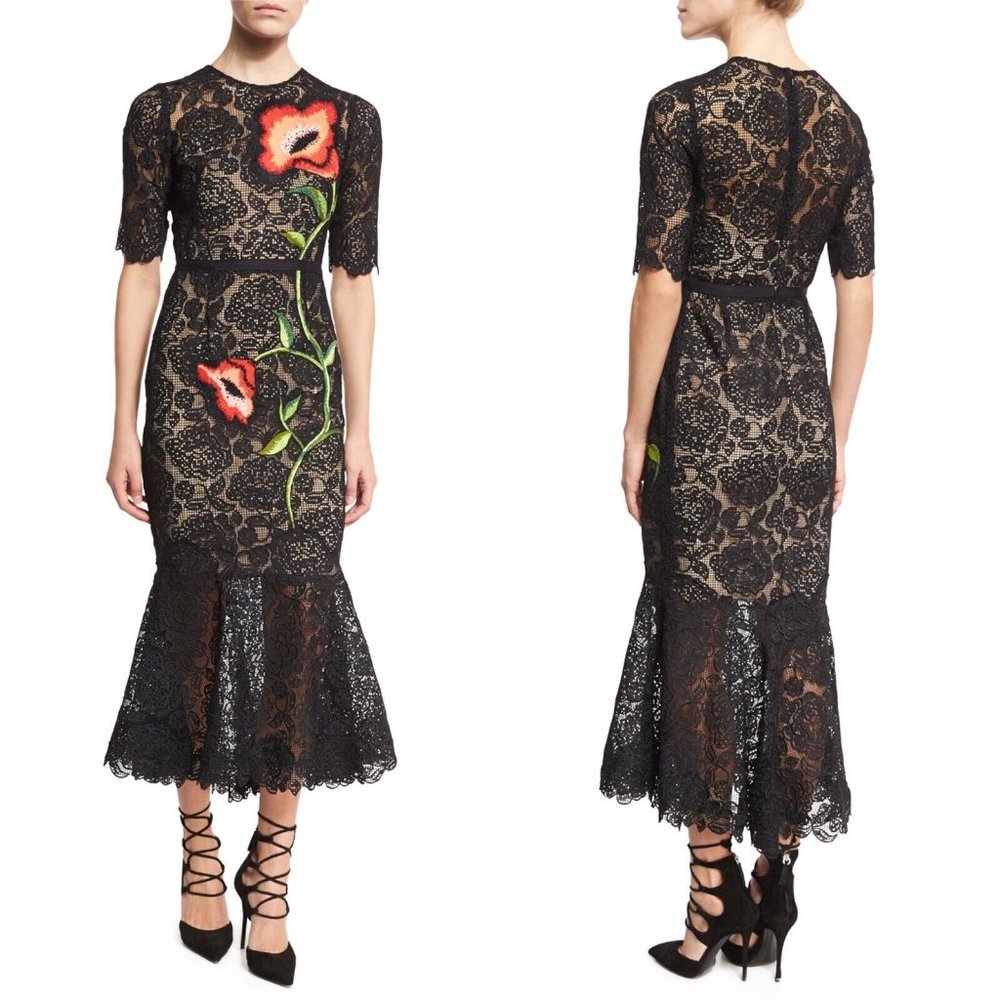 NWT LELA ROSE sz 4 Floral Embroidery Crotchet Fit&Flare Midi Evening Dress $2995